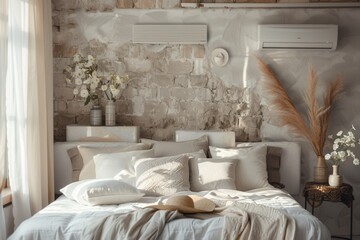 Poster - A stylish living room features an air conditioner on the wall, complemented by decorative elements and warm, inviting natural light filtering through the space. Generative AI