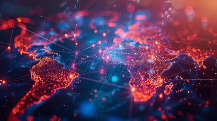 Poster - A vibrant representation of global connectivity, with continents outlined by glowing lines symbolizing communication, collaboration, and the interconnectedness of our world.