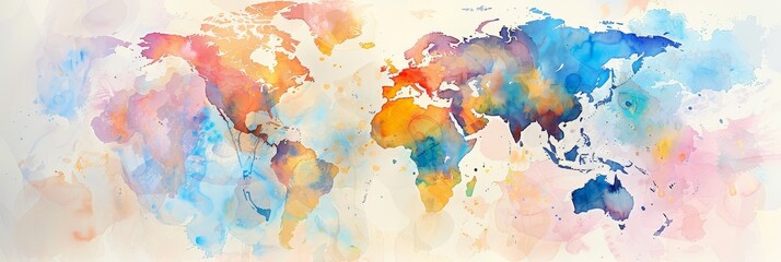 Poster - A vibrant watercolor world map depicts global interconnectedness, symbolizing unity, diversity, travel, exploration, and international collaboration.