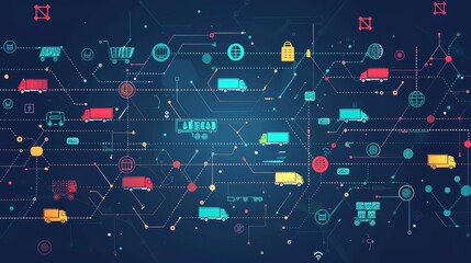 Poster - A visualization of a complex logistics network with trucks, shipping containers