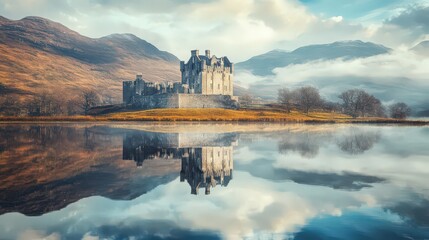 Poster - A castle overlooking a tranquil lake, with its reflection creating a symmetrical and peaceful scene