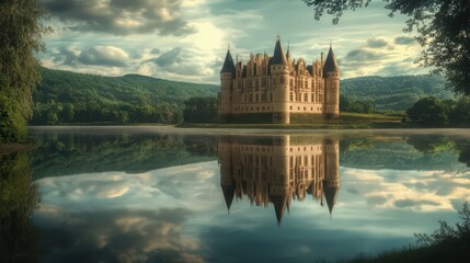 Poster - A castle overlooking a tranquil lake, with its reflection creating a symmetrical and peaceful scene