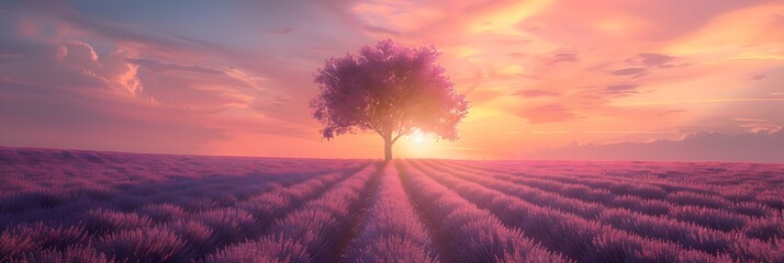 Wall Mural -  Sunset Over a Lavender Field with a Lone Oak Tree Silhouette This title captures the essence of the scene with the key elements: the sunset, the lavender field, and 