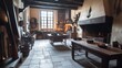© Thirawat - medieval kitchen with large hearths, wooden tables, and antique cooking utensils, giving a glimpse into historical daily life