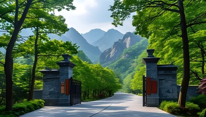 the quiet gate of the mountainous scenic spot, surrounded by trees, surrounded by mountains, and bea