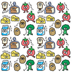 seamless pattern of grocery friends cartoon character for groovy fun repeatable background