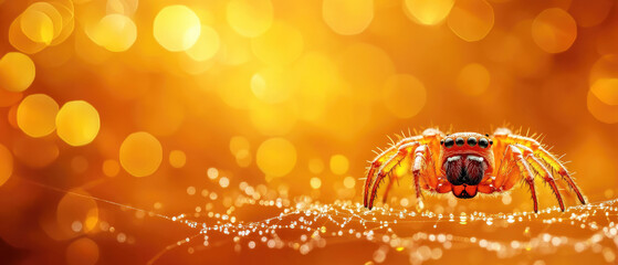 Capture the essence of Halloween with a spider on a dew-covered web, set against a shimmering golden bokeh background, perfect for nature and seasonal themes.