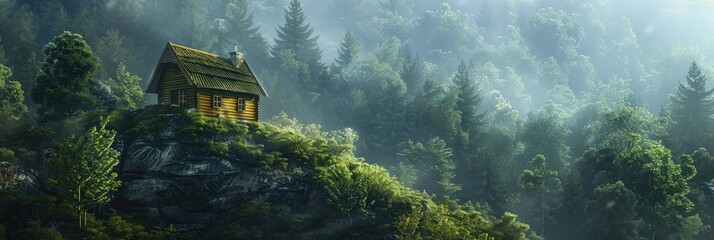 Wall Mural - Enchanted wooden cottage perched atop hill amidst dense forest Fairy tale landscape