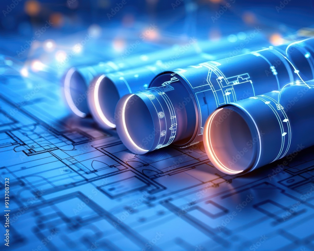 Innovation Engineering Bluecard Example Close-up of engineering blueprints with rolled plans, showcasing ...