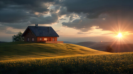 Canvas Print - Cabin on a Hilltop at Sunset - 3D Illustration