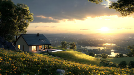 Poster - Modern house on hilltop overlooking a valley at sunset.