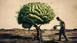 © The.Poorna - Surreal brain tree in a desolate land and a determined person watering it using a sprinkling can. Man splashes the green shrub using a water pot, taking care of mental health. Human mind concept