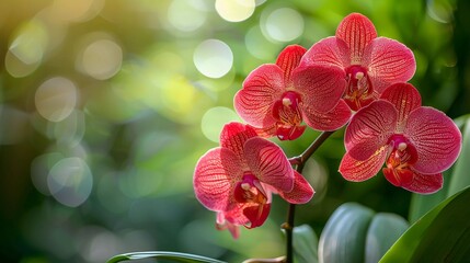 Red orchids, tropical green beautiful background