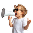 © zenith - A young boy is holding a megaphone and wearing sunglasses. Concept of fun and playfulness