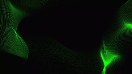 Poster - Abstract looping green motion waving dots texture on black background. Cyber or technology digital animated background.