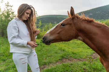 Canvas Print - A woman is feeding a horse in a field. The woman is wearing a white jacket and jeans. The scene is peaceful and calm.