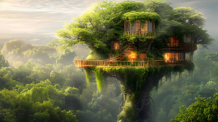 Canvas Print - Treehouse in the Forest Illustration