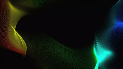 Poster - Abstract looping multicolor motion waving dots texture on black background. Particles wave cyber technology background loop