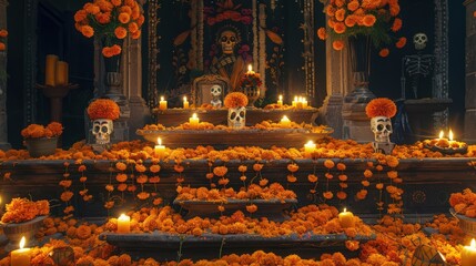 Dia de los Muertos altar adorned with marigolds and sugar skulls