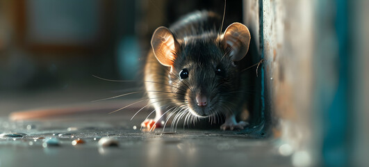 Sticker - Closeup of a rat peeking out from a hole in the wall of a dimly lit kitchen