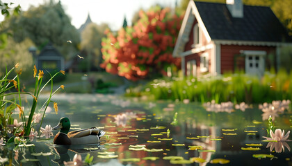 Wall Mural - A duck swims in a pond with lilies, surrounded by greenery and a charming red cottage.