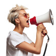 © zenith - A woman with blonde hair and sunglasses is holding a megaphone and yelling into it. Concept of excitement and energy, as if the woman is rallying a crowd or making a statement