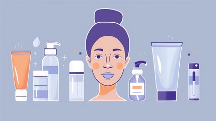 Wall Mural - Diverse Skincare Products Displayed Alongside a Woman With a Relaxed Expression