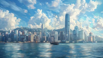 Urban skyline backdrop with a bustling harbor prospect, lively and modern cityscape