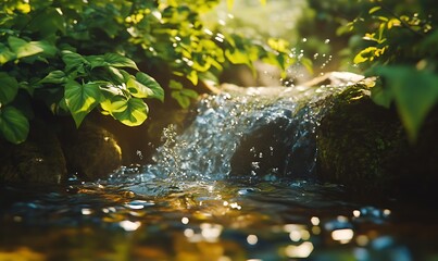 Poster - Cinematic Closeup of Dynamic Flowing Stream Surrounded by Lush Greenery