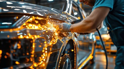 Close-up of a man is hands holding a sander, meticulously working on the surface of a shiny, modern car in a professional auto body repair shop, with focused expression and attention to detail