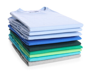 Stack of clean colorful t-shirts isolated on white