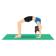 Woman doing Wheel pose, Chakrasana, Upward Bow Pose or Urdhva Dhanurasana. Flat vector illustration isolated on white background