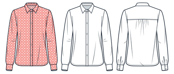 Poster - Collar Shirt technical fashion Illustration, geometric pattern. Blouse fashion flat technical drawing template, button, relaxed fit, front and back view, white, red, women, men, unisex CAD mockup set.