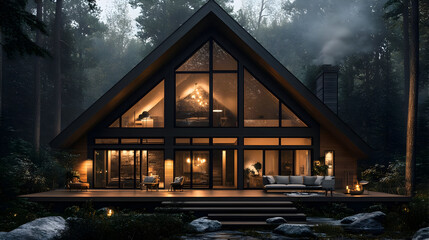 Canvas Print - Modern cabin with large windows overlooking a forest.