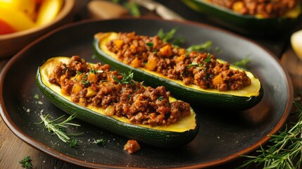 Wall Mural - Zucchini with bolognese filling, food photography, 16:9