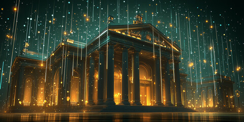 Holographic projection of a classical building in a futuristic digital space, with a vibrant blue and black background, embodying a concept of innovation