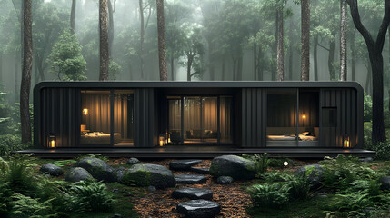 Poster - Modern cabin in a foggy forest.