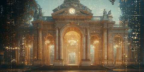 Holographic projection of a classical building in a futuristic digital space, with a vibrant blue and black background, embodying a concept of innovation