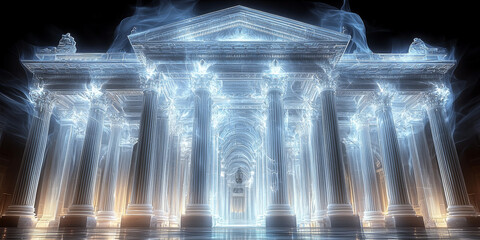 Holographic projection of a classical building in a futuristic digital space, with a vibrant blue and black background, embodying a concept of innovation
