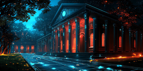 Holographic projection of a classical building in a futuristic digital space, with a vibrant blue and black background, embodying a concept of innovation