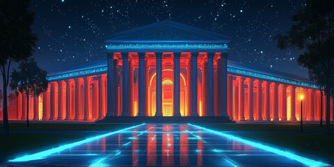 Holographic projection of a classical building in a futuristic digital space, with a vibrant blue and black background, embodying a concept of innovation