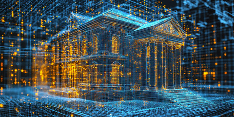 Holographic projection of a classical building in a futuristic digital space, with a vibrant blue and black background, embodying a concept of innovation