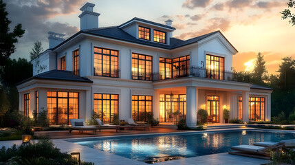 Poster - Luxury home with pool lit at dusk.