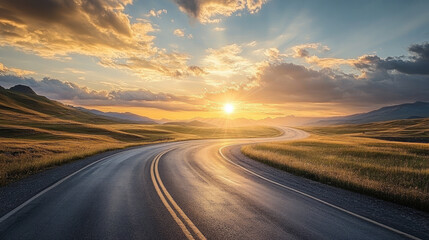 curved road leading far into the horizon with stunning sunset and dramatic clouds, perfect for trave