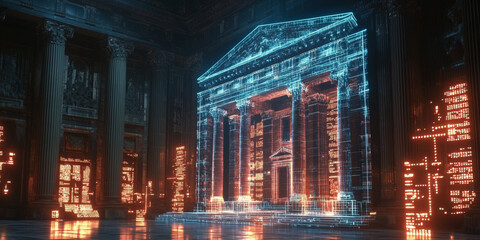 Holographic projection of a classical building in a futuristic digital space, with a vibrant blue and black background, embodying a concept of innovation