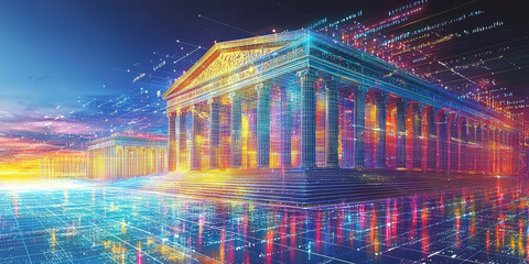 Holographic projection of a classical building in a futuristic digital space, with a vibrant blue and black background, embodying a concept of innovation