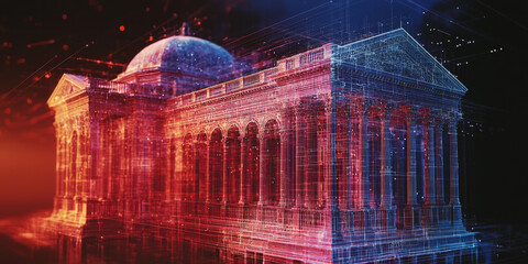Holographic projection of a classical building in a futuristic digital space, with a vibrant blue and black background, embodying a concept of innovation