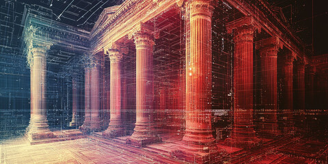 Holographic projection of a classical building in a futuristic digital space, with a vibrant blue and black background, embodying a concept of innovation