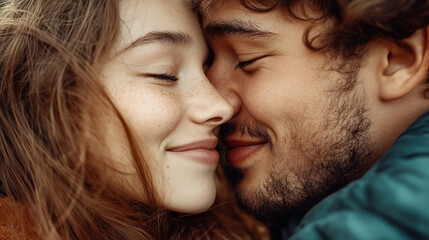 Close-up of a young couple with eyes closed, smiling and touching their noses together in an affectionate gesture.