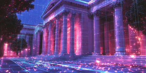Holographic projection of a classical building in a futuristic digital space, with a vibrant blue and black background, embodying a concept of innovation